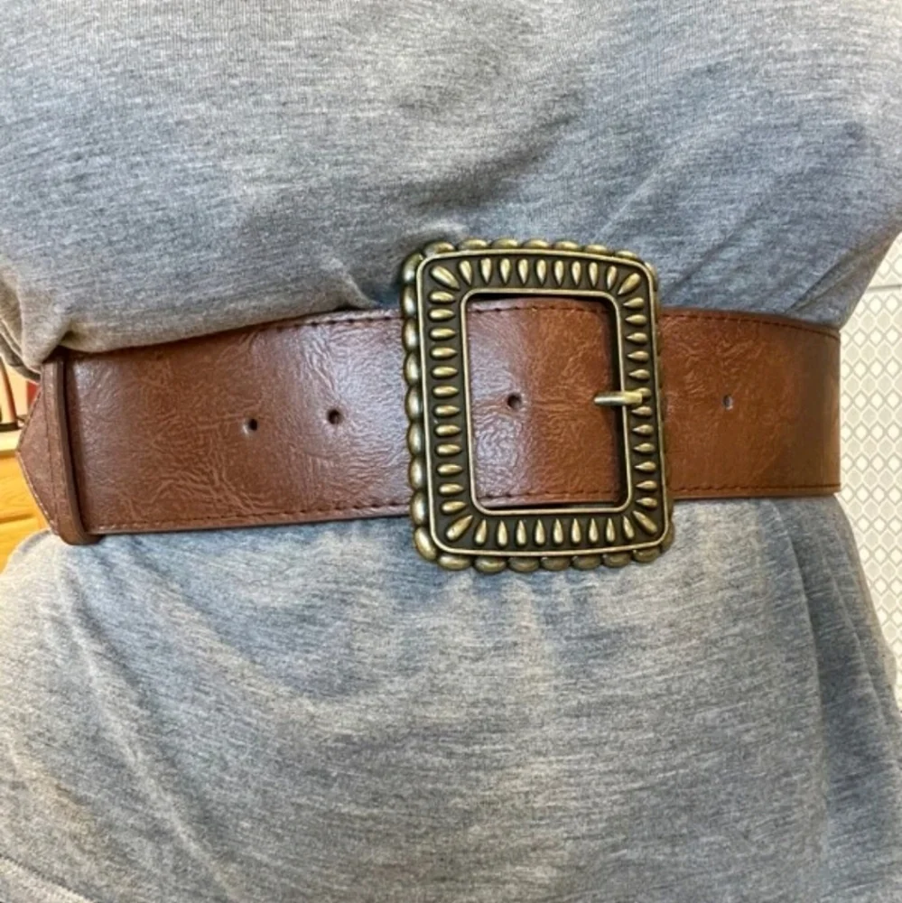Wide western brown faux leather boho chunky bronze buckle waist retro belt - Picture 14 of 14